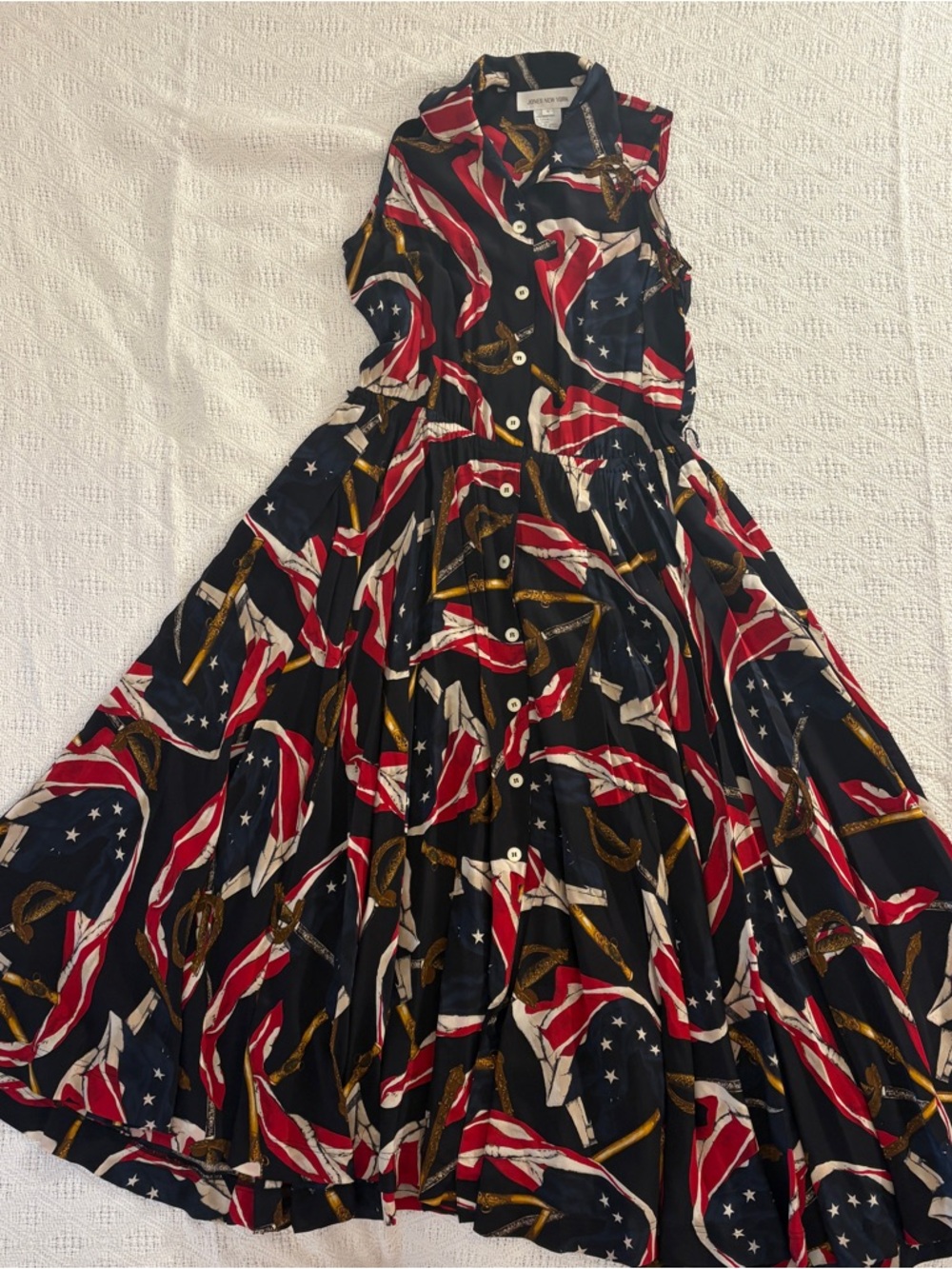 Vintage Silk Patriotic Button-Front Sleeveless Maxi Dress - Red, White & Navy
